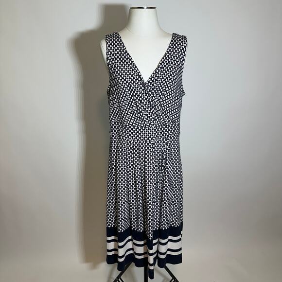 Lands End Navy Blue & White Surplice Sleeveless Dress Womens Size Large L 14-16 - Picture 1 of 12